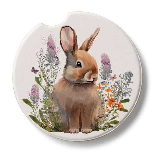 Thirstystone Rabbit in Lupins Single Absorbent Stone Coaster for Vehicle Cup Holder 2.6” Diameter Manufactured in The USA