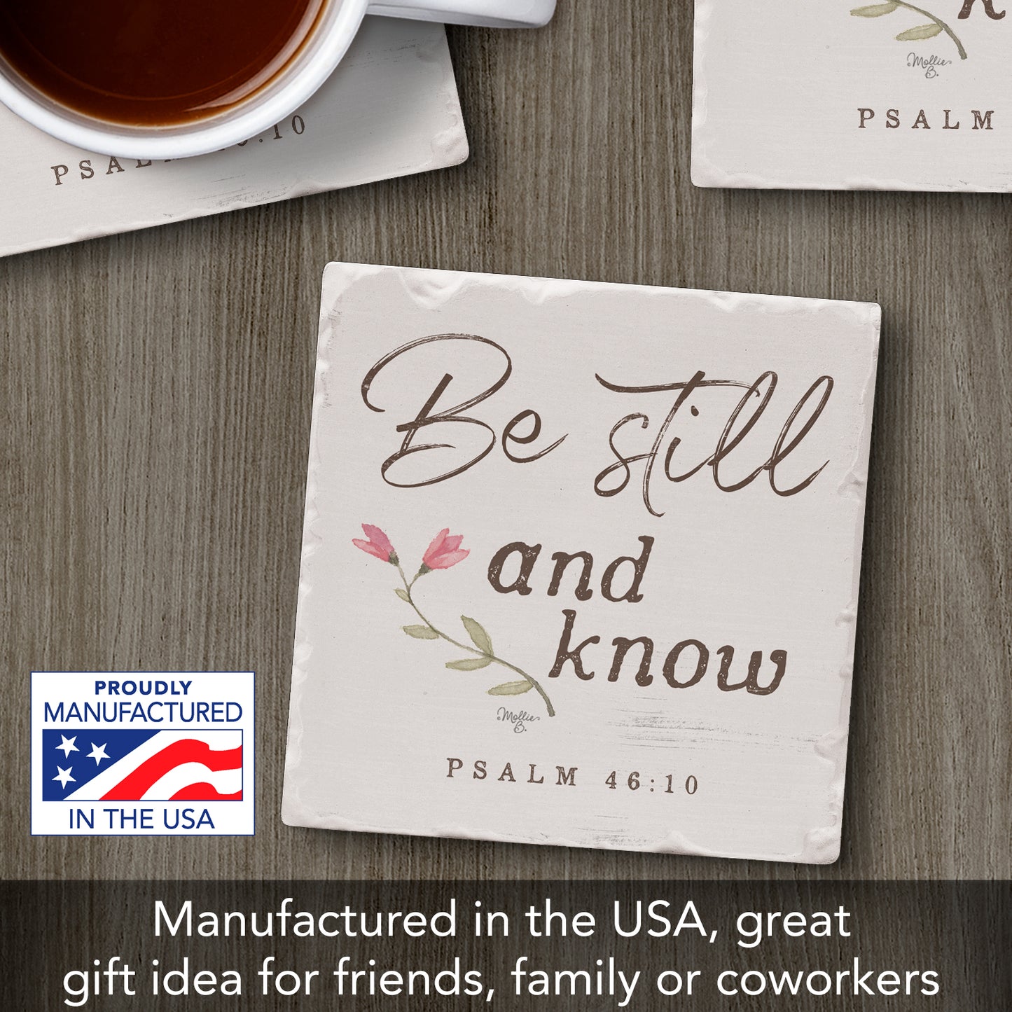 Thirstystone Be Still & Know Single Tumbled Tile Stone Coaster with Protective Cork Backing Manufactured in The USA 4" Square, Artistic, Easily Wipes Clean