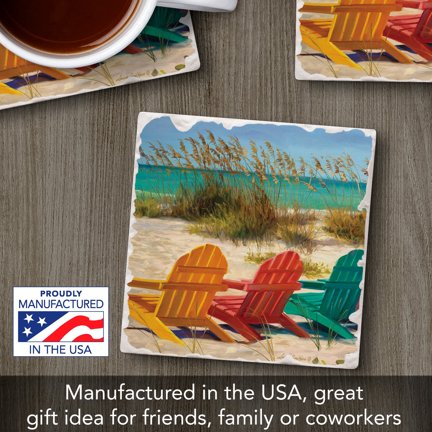 Thirstystone Beach Chairs Single Tumbled Tile Stone Coaster with Protective Cork Backing Manufactured in The USA 4" Square, Colorful, Artistiic, Easily Wipes Clean