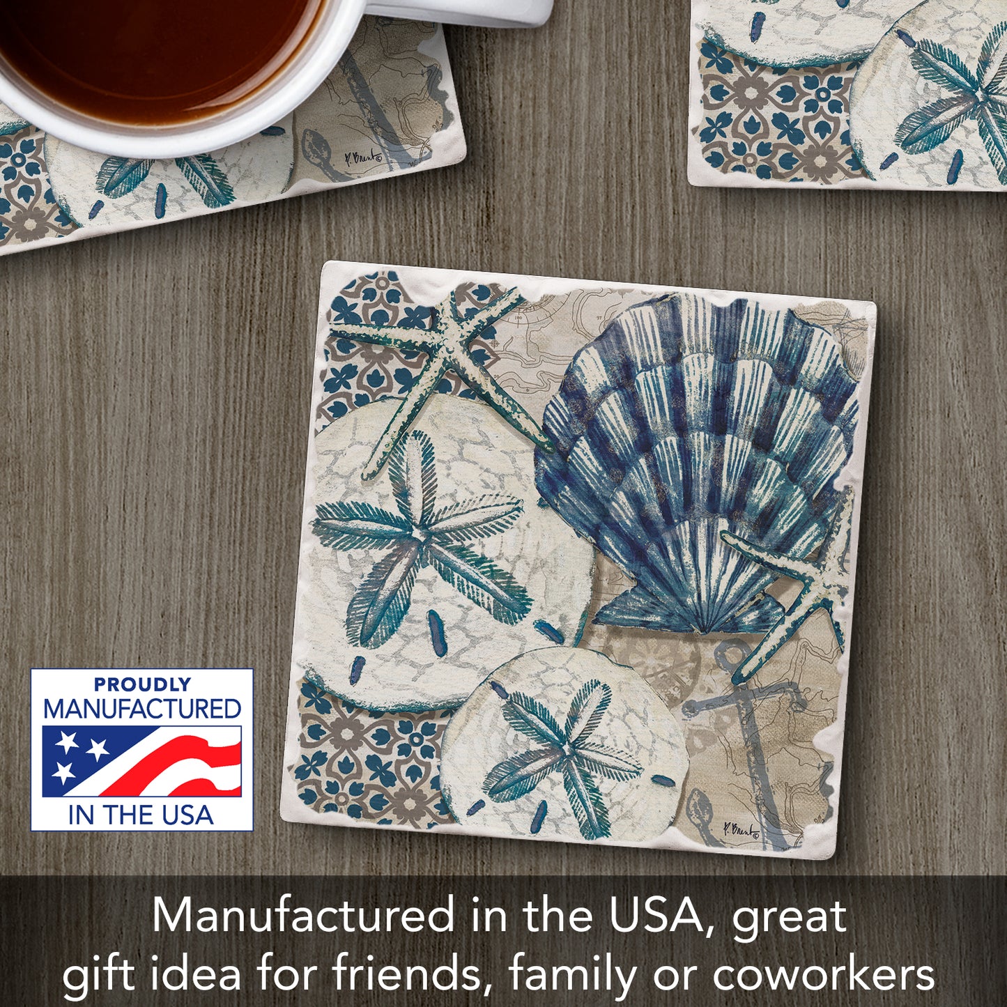 Thirstystone Sea Shells Single Tumbled Tile Stone Coaster with Protective Cork Backing Manufactured in The USA 4" Square, Colorful, Artistic, Easily Wipes Clean