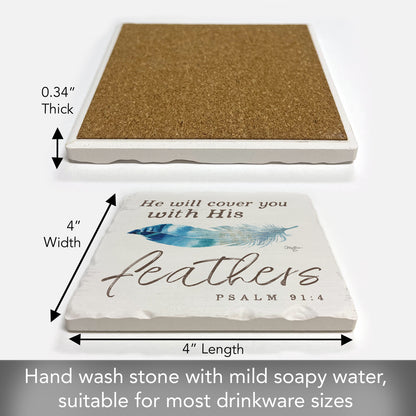 Thirstystone Feathers Single Tumbled Tile Stone Coaster with Protective Cork Backing Manufactured in The USA 4" Square, Artistic, Easily Wipes Clean