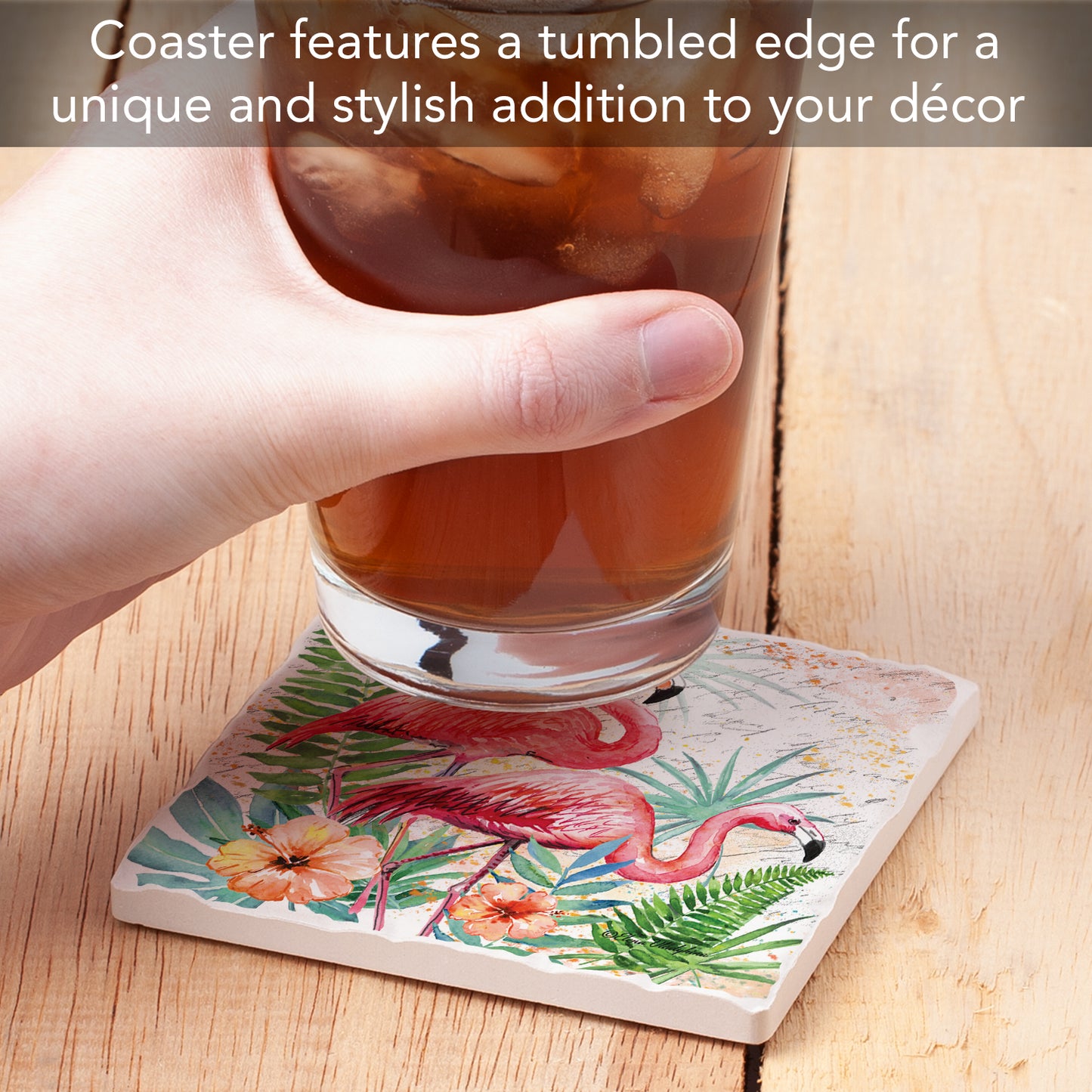 Thirstystone Flamingo Pair Single Tumbled Tile Stone Coaster with Protective Cork Backing Manufactured in The USA 4" Square, Colorful, Artistiic, Easily Wipes Clean