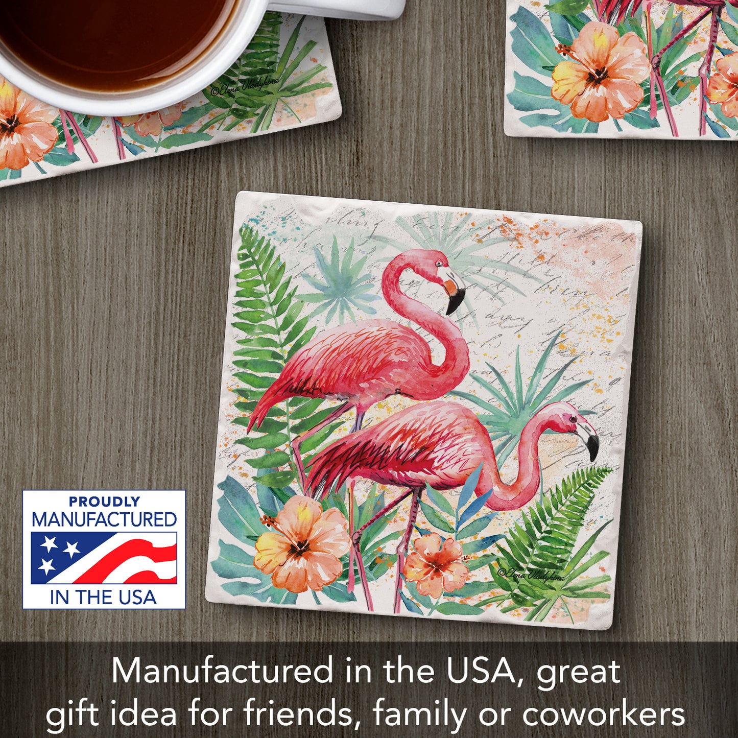 Thirstystone Flamingo Pair Single Tumbled Tile Stone Coaster with Protective Cork Backing Manufactured in The USA 4" Square, Colorful, Artistiic, Easily Wipes Clean