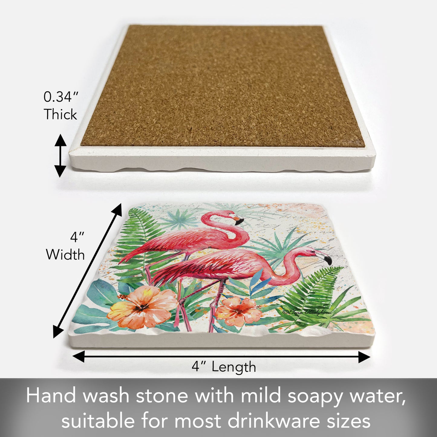 Thirstystone Flamingo Pair Single Tumbled Tile Stone Coaster with Protective Cork Backing Manufactured in The USA 4" Square, Colorful, Artistiic, Easily Wipes Clean