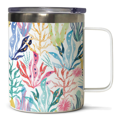 Highland Home Coastal Coral Decorative Stainless Steel Insulated Travel Mug with Lid and Handle 12 oz. Manufactured in the USA Dishwasher Safe