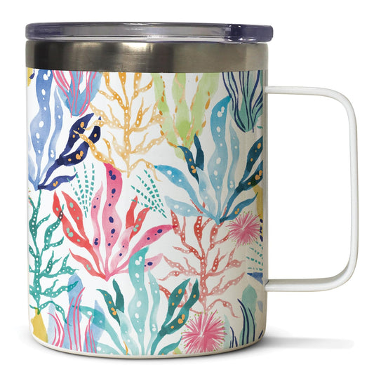 Highland Home Coastal Coral Decorative Stainless Steel Insulated Travel Mug with Lid and Handle 12 oz. Manufactured in the USA Dishwasher Safe