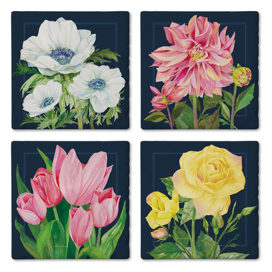 Thirstystone Garden Blooms 4 Pack Assorted Tumbled Tile Stone Coasters 4" Square