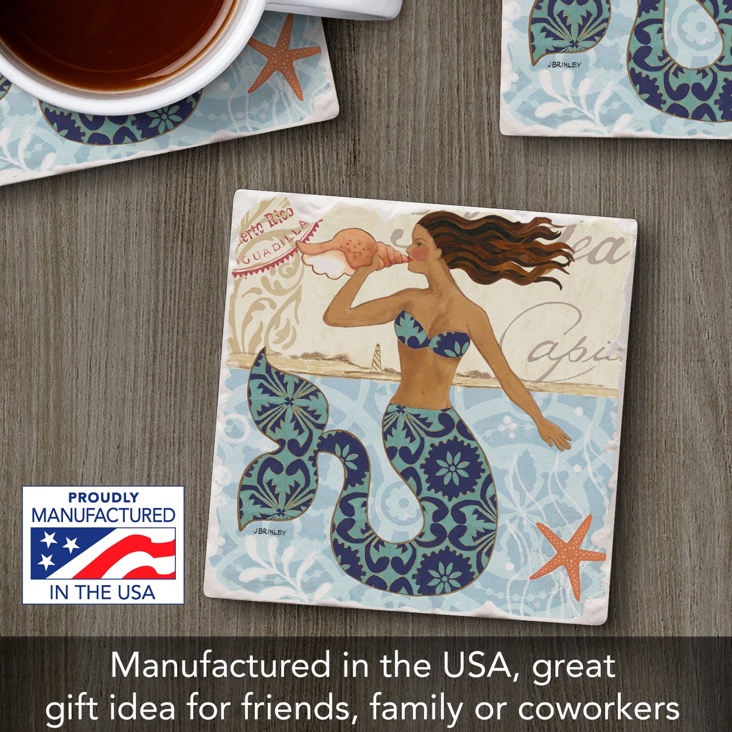 Thirstystone Mermaid Call Single Tumbled Tile Stone Coaster with Protective Cork Backing Manufactured in The USA 4" Square, Colorful, Artistiic, Easily Wipes Clean