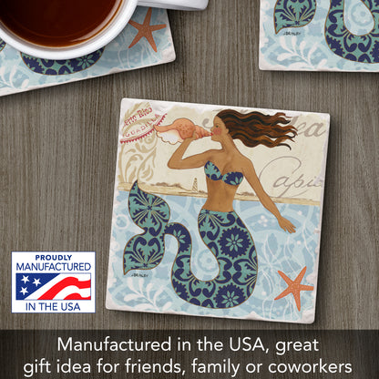 Thirstystone Mermaid Call Single Tumbled Tile Stone Coaster with Protective Cork Backing Manufactured in The USA 4" Square, Colorful, Artistiic, Easily Wipes Clean