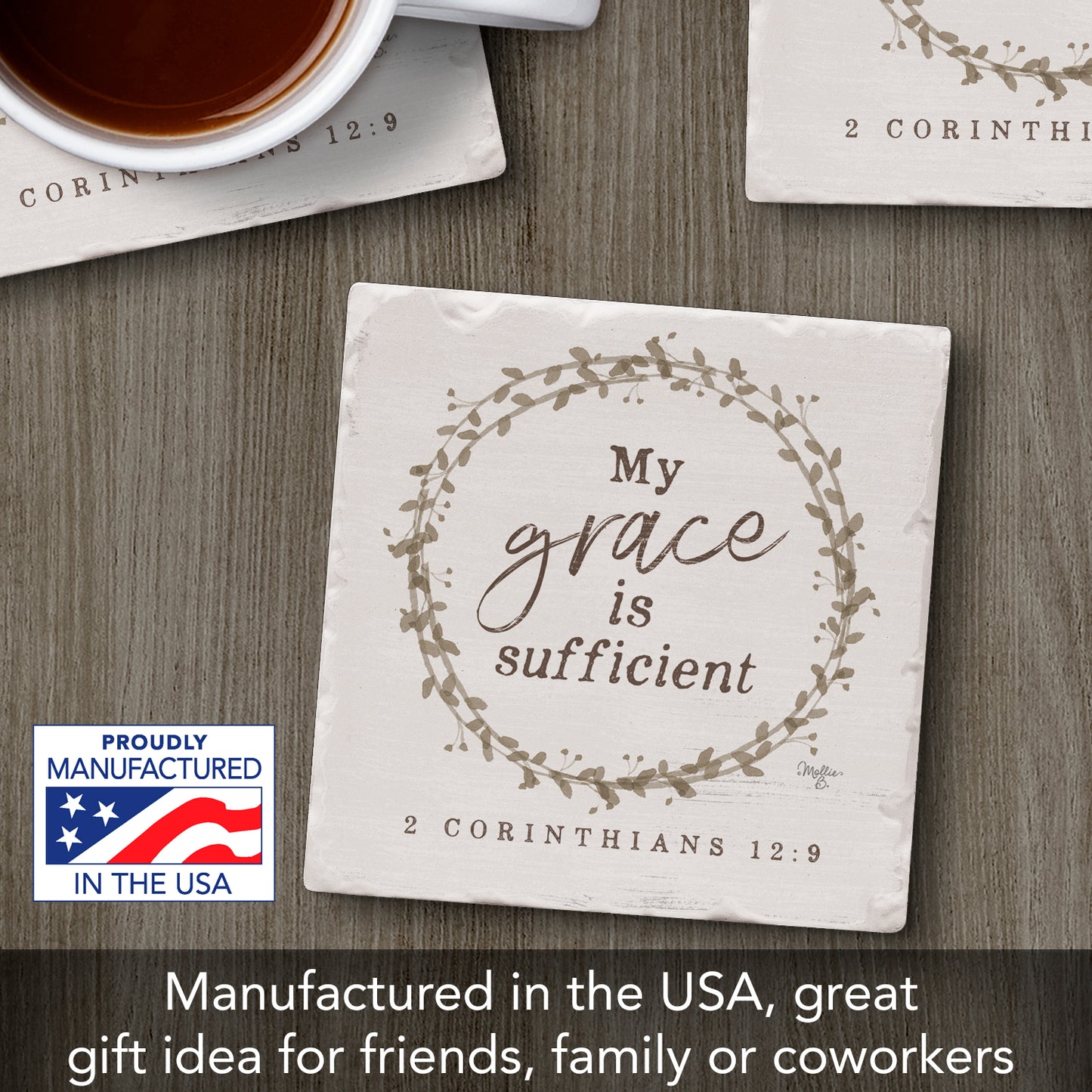 Thirstystone Grace is Sufficient Single Tumbled Tile Stone Coaster with Protective Cork Backing Manufactured in The USA 4" Square, Artistic, Easily Wipes Clean