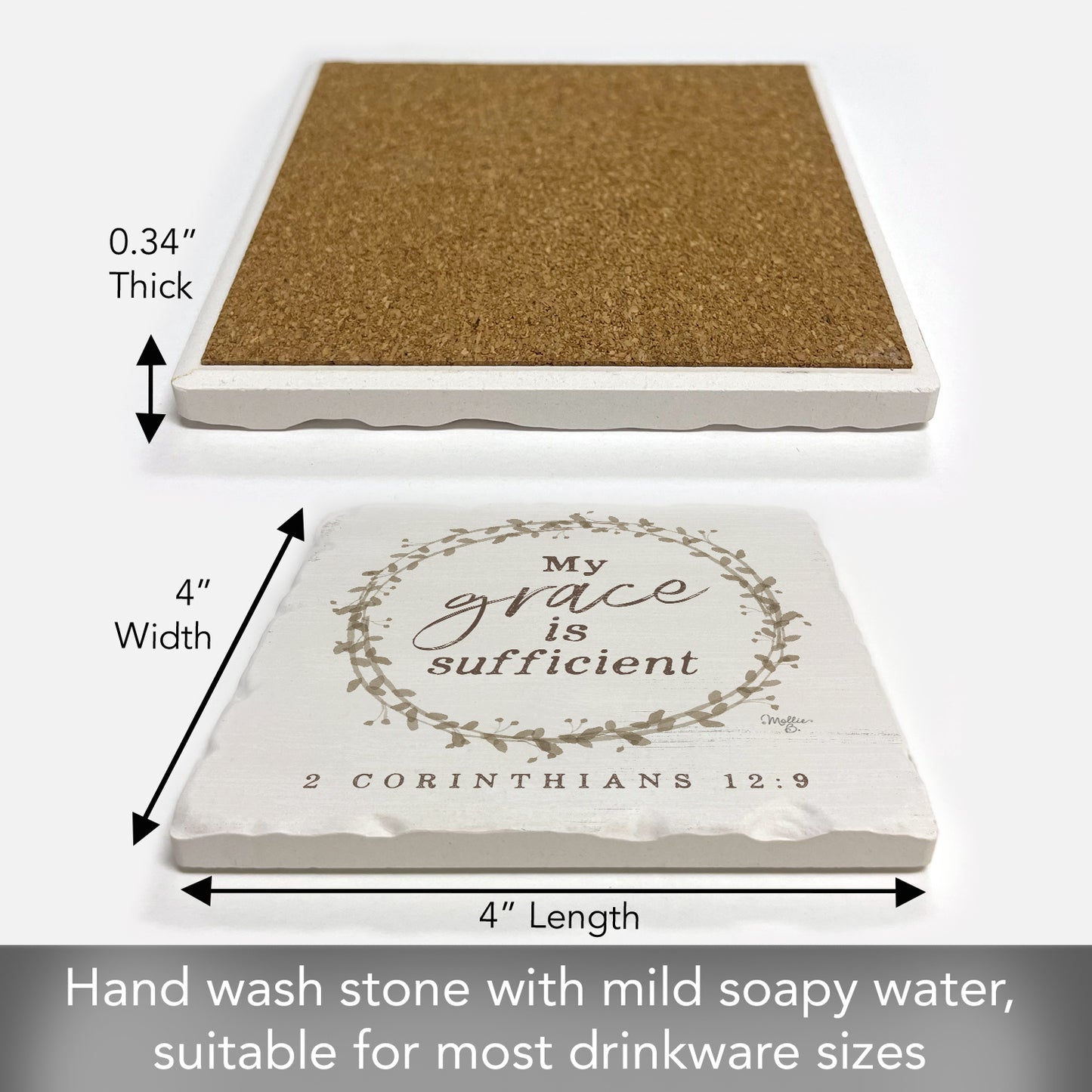 Thirstystone Grace is Sufficient Single Tumbled Tile Stone Coaster with Protective Cork Backing Manufactured in The USA 4" Square, Artistic, Easily Wipes Clean