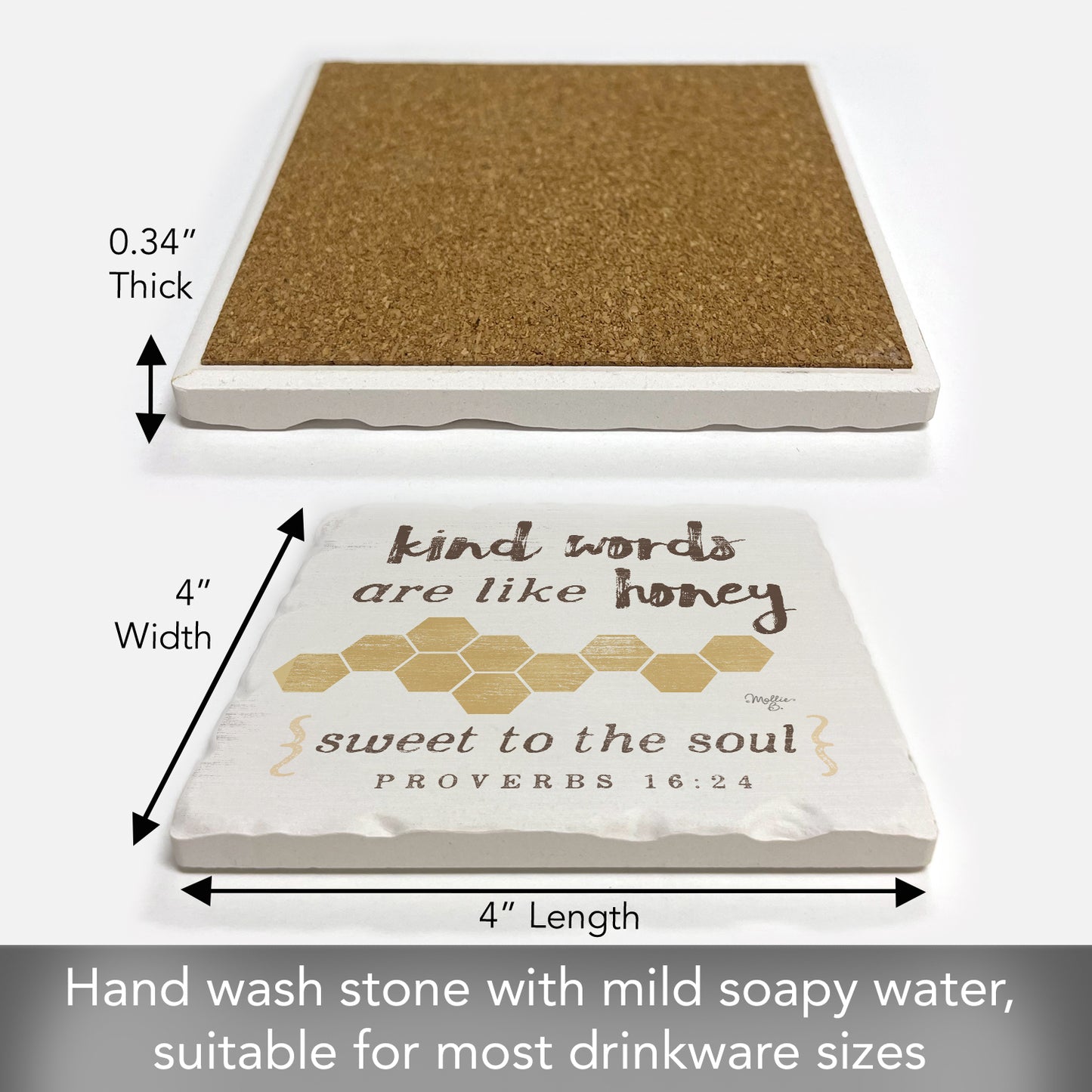 Thirstystone Kind Words Like Honey Single Tumbled Tile Stone Coaster with Protective Cork Backing Manufactured in The USA 4" Square, Artistic, Easily Wipes Clean