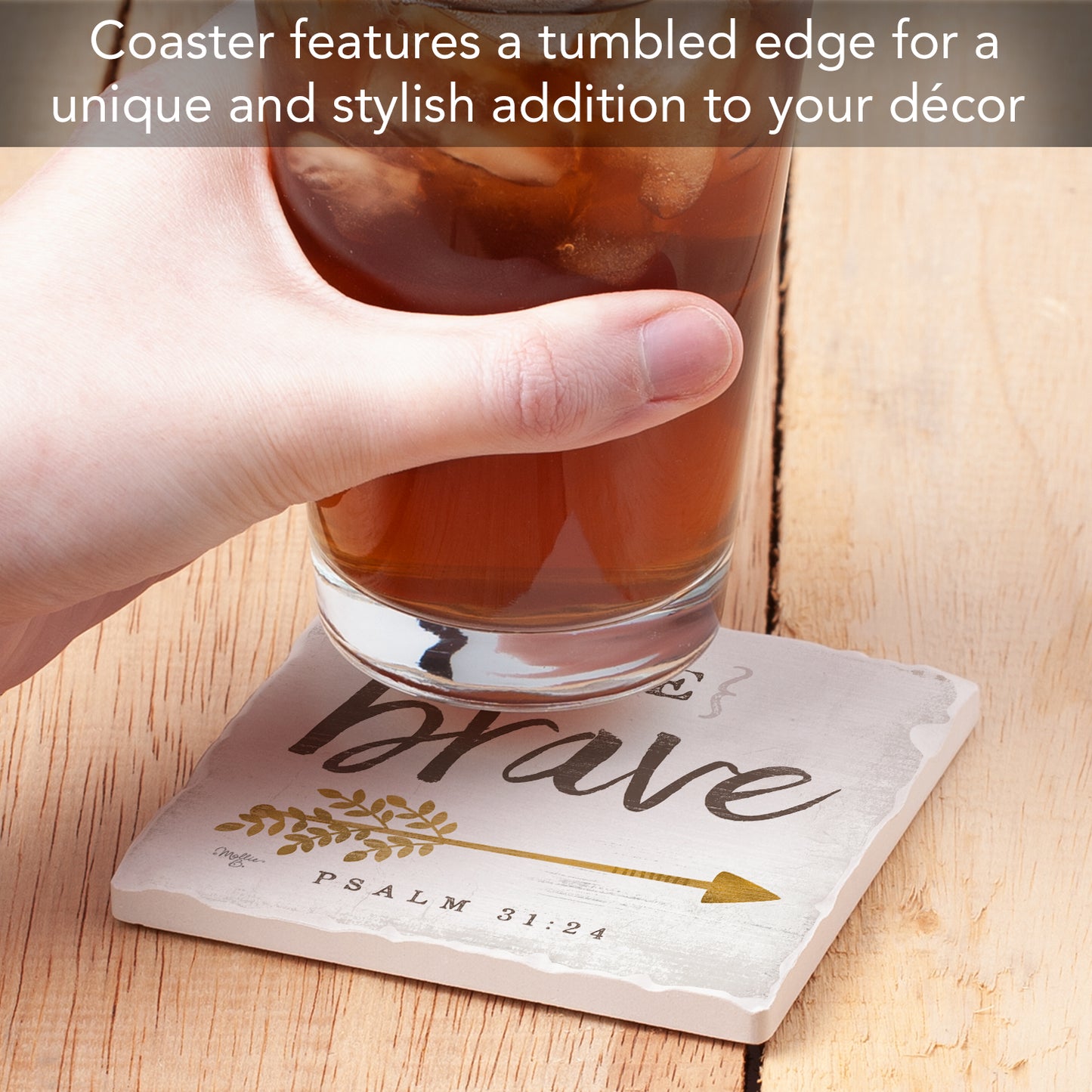 Thirstystone Be Brave Single Tumbled Tile Stone Coaster with Protective Cork Backing Manufactured in The USA 4" Square, Artistic, Easily Wipes Clean