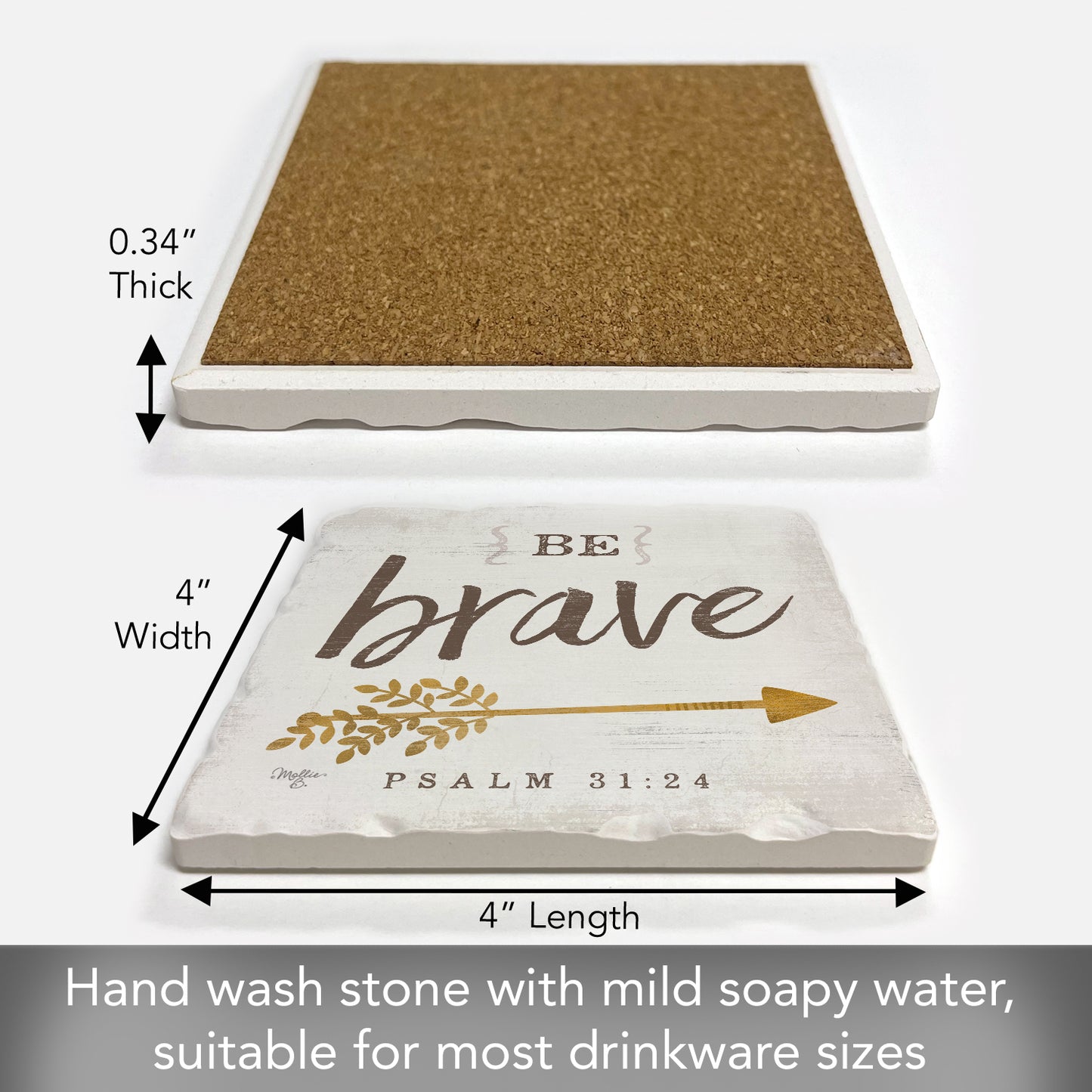 Thirstystone Be Brave Single Tumbled Tile Stone Coaster with Protective Cork Backing Manufactured in The USA 4" Square, Artistic, Easily Wipes Clean