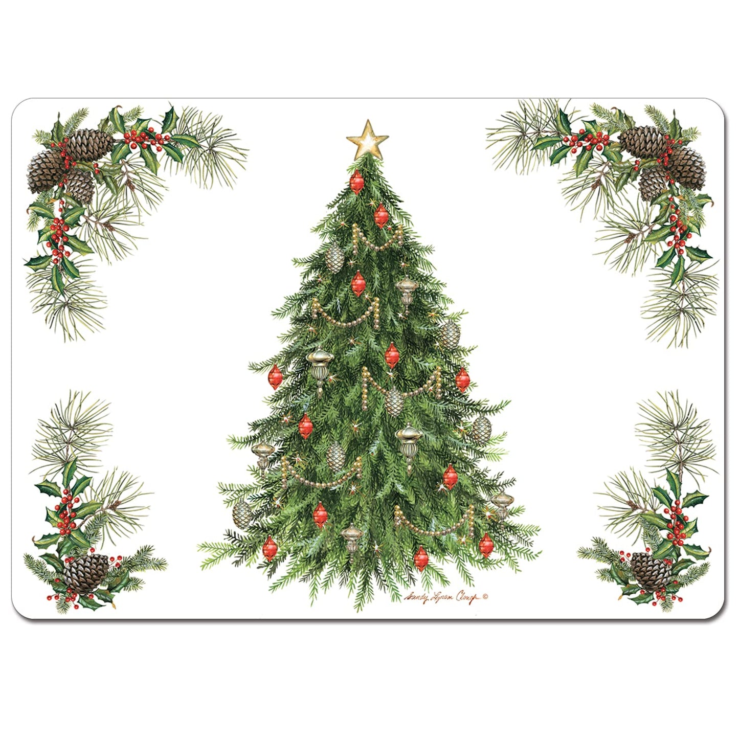 Cala Home Christmas Tree Premium Decorative Hardboard Cork Back Tabletop Placemats 4 Pack Manufactured in The USA Heat Tolerant and Easily Wipes Clean