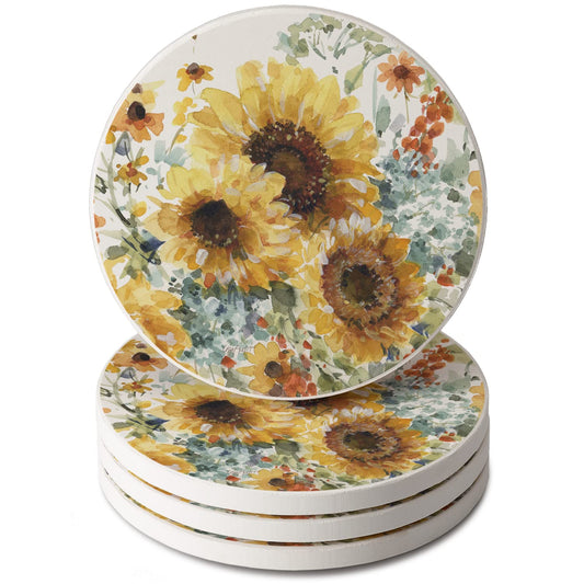 Thirstystone Sunflowers Forever 4 Pack Round Absorbent Stone Coasters 4" Diameter Manufactured in the USA