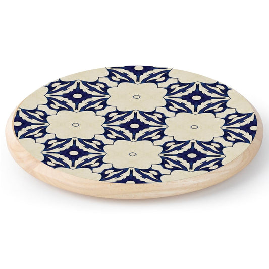 CounterArt Blue Tile Floral Wood Lazy Susan Turntable 14" Diameter for Serving Kitchen Organization Condiment Caddy