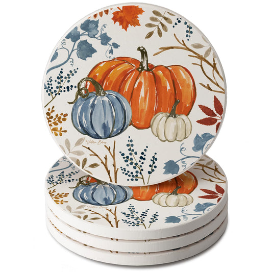 Thirstystone Autumn Pumpkins 4 Pack Round Absorbent Stone Coasters 4" Diameter