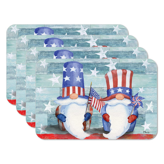 CounterArt Patriotic Gnomes 4 Pack Easy Care Flexible Plastic Placemats Made in The USA BPA Free, Easily Wipes Clean