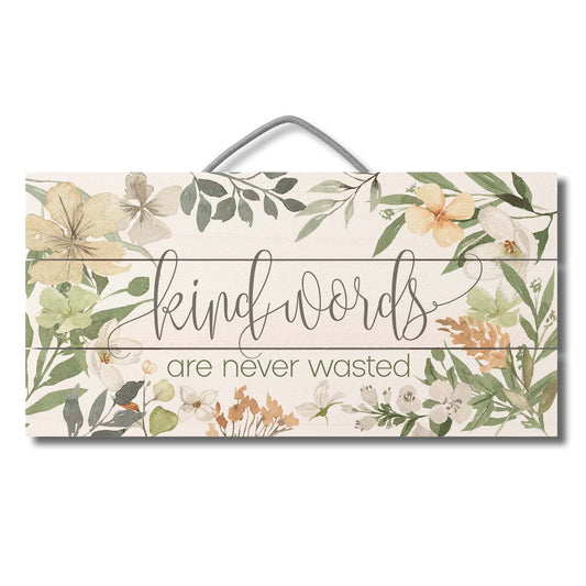 Highland Home Kind Words Never Wasted Decorative Pallet Wood Sign 12" x 6" Made in the USA Wire Hanger Included and Doubles as an Easel