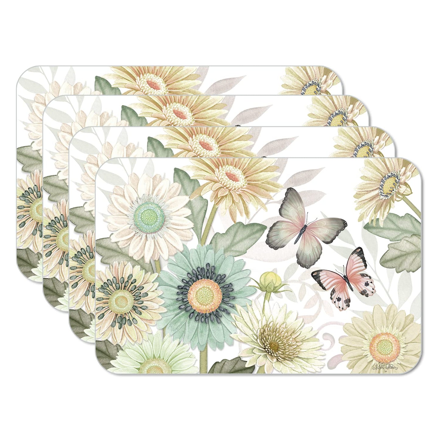 CounterArt Butterfly Floral 4 Pack Reversible Easy Care Flexible Placemats Made in the USA