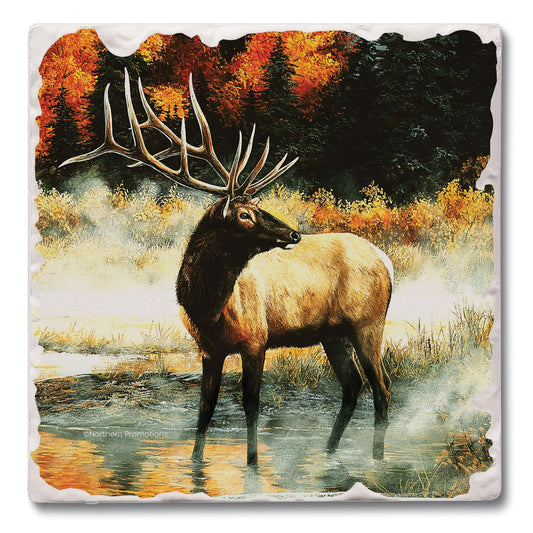Thirstystone Elk in The Mist Single Tumbled Tile Stone Coaster with Protective Cork Backing Manufactured in The USA 4" Square