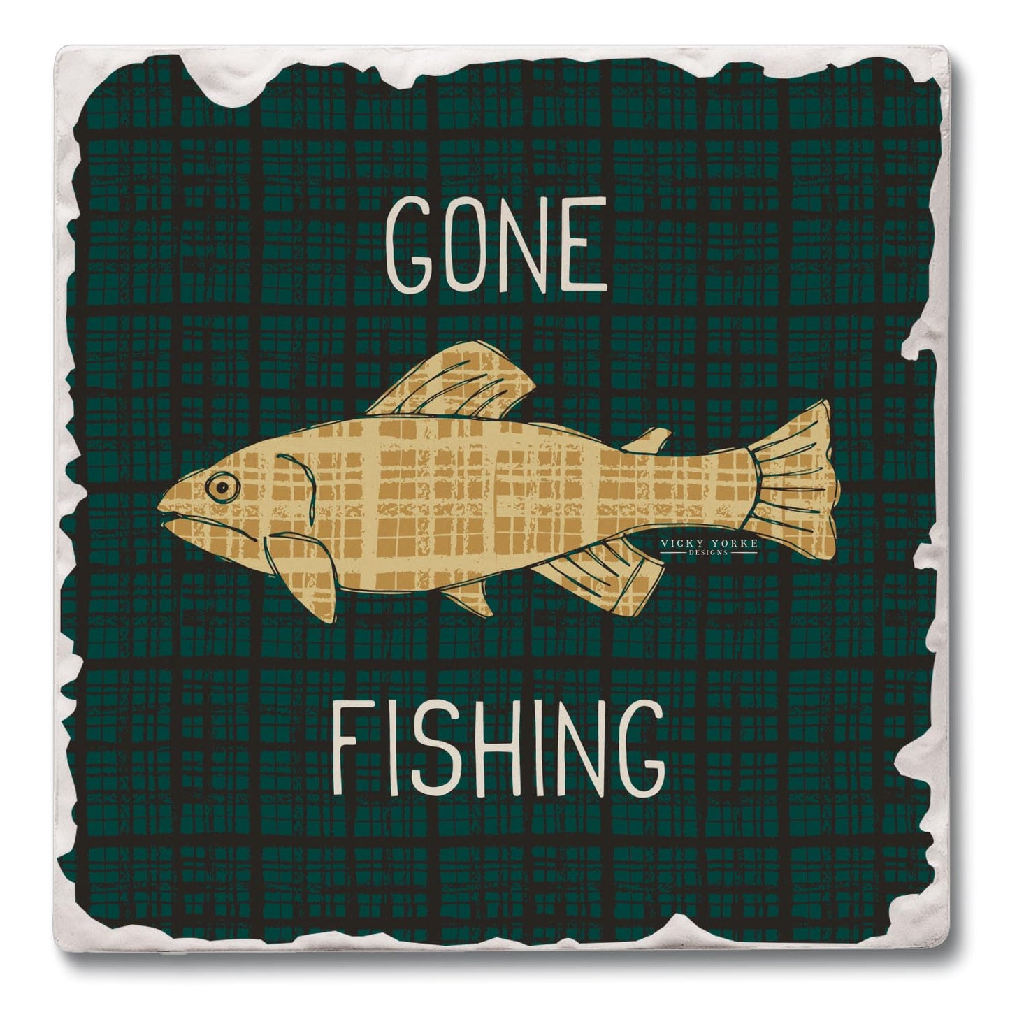 Thirstystone Gone Fishing Single Tumbled Tile Stone Coaster with Protective Cork Backing Manufactured in The USA 4" Square, Artistic, Easily Wipes Clean