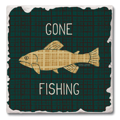 Thirstystone Gone Fishing Single Tumbled Tile Stone Coaster with Protective Cork Backing Manufactured in The USA 4" Square, Artistic, Easily Wipes Clean