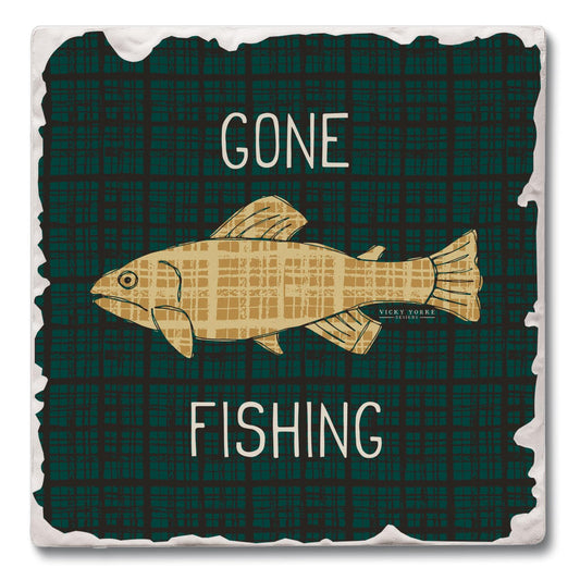 Thirstystone Gone Fishing Single Tumbled Tile Stone Coaster with Protective Cork Backing Manufactured in The USA 4" Square, Artistic, Easily Wipes Clean