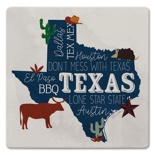 Thirstystone Texas Favorites Decorative Heat Tolerant Stone Trivet with Non-Skid Cork Backing 8” Square