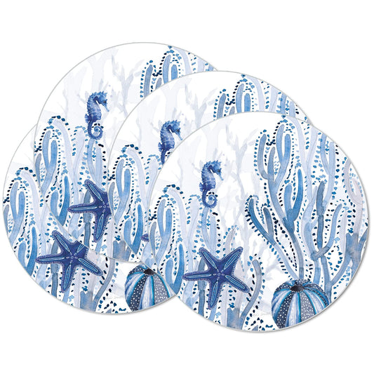 CounterArt Indigo Coastal 4 Pack Round Reversible Easy Care Flexible Placemats Made in the USA
