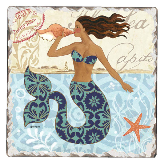 Thirstystone Mermaid Call Single Tumbled Tile Stone Coaster with Protective Cork Backing Manufactured in The USA 4" Square, Colorful, Artistiic, Easily Wipes Clean