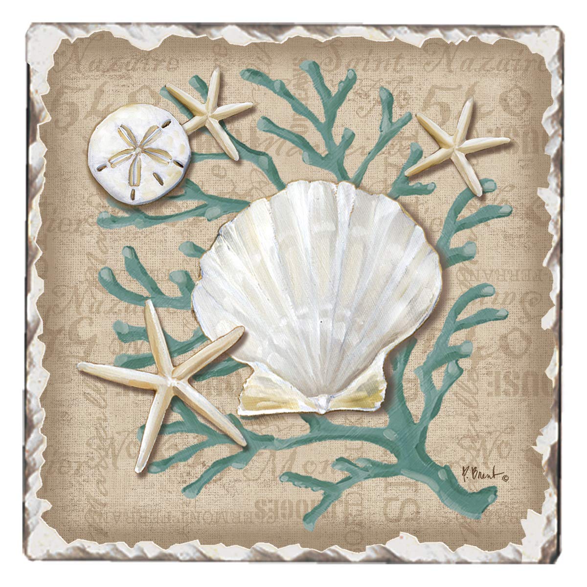 Thirstystone Linen Shells Single Tumbled Tile Stone Coaster with Protective Cork Backing Manufactured in The USA 4" Square, Colorful, Artistiic, Easily Wipes Clean