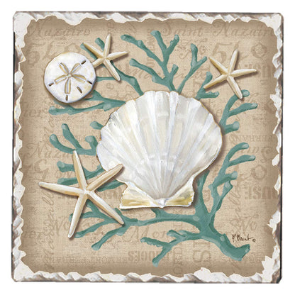 Thirstystone Linen Shells Single Tumbled Tile Stone Coaster with Protective Cork Backing Manufactured in The USA 4" Square, Colorful, Artistiic, Easily Wipes Clean