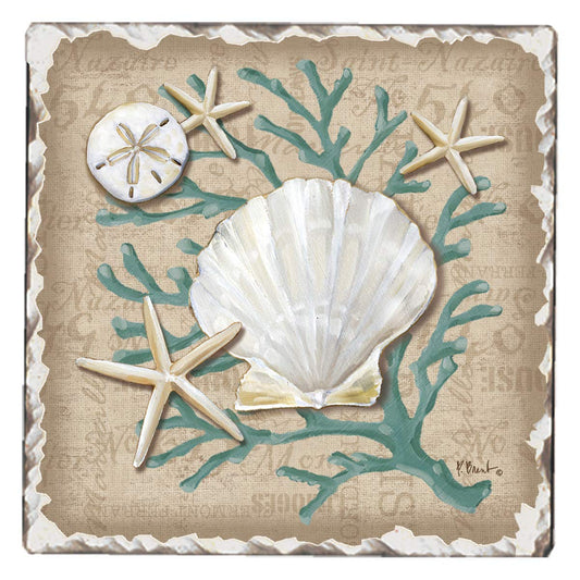 Thirstystone Linen Shells Single Tumbled Tile Stone Coaster with Protective Cork Backing Manufactured in The USA 4" Square, Colorful, Artistiic, Easily Wipes Clean