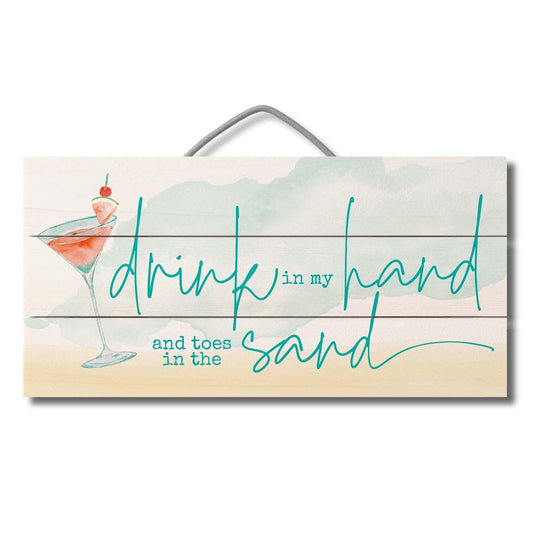 Highland Home Drink in Hand Decorative Pallet Wood Sign 12" x 6" Made in the USA Wire Hanger Doubles as an Easel