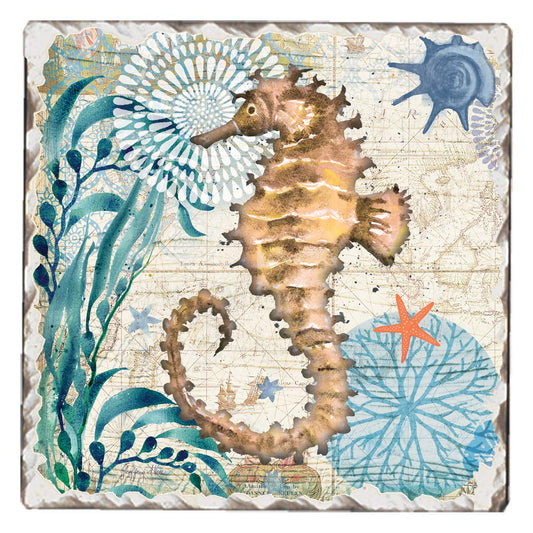 Thirstystone Seahorse Bay Single Tumbled Tile Stone Coaster with Protective Cork Backing Manufactured in The USA 4" Square, Colorful, Artistic, Easily Wipes Clean