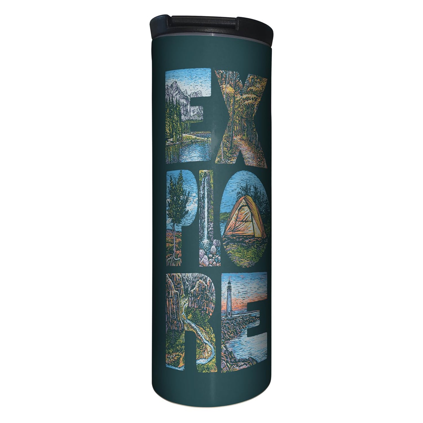 Highland Home Decorative Stainless Steel Double Wall Insulated Travel Tumbler with Lid 17 oz. Manufactured in the USA Dishwasher Safe (Explore)
