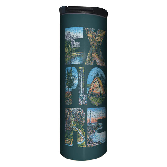 Highland Home Decorative Stainless Steel Double Wall Insulated Travel Tumbler with Lid 17 oz. Manufactured in the USA Dishwasher Safe (Explore)