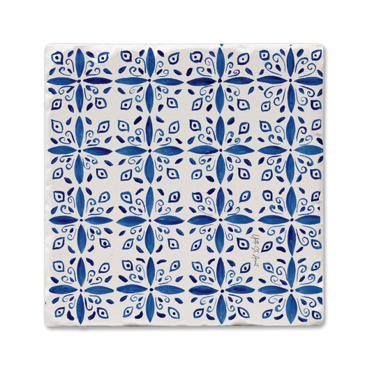 Thirstystone Mediterranean Tile Single Tumbled Tile Stone Coaster with Protective Cork Backing Manufactured in The USA 4" Square, Colorful, Artistiic, Easily Wipes Clean