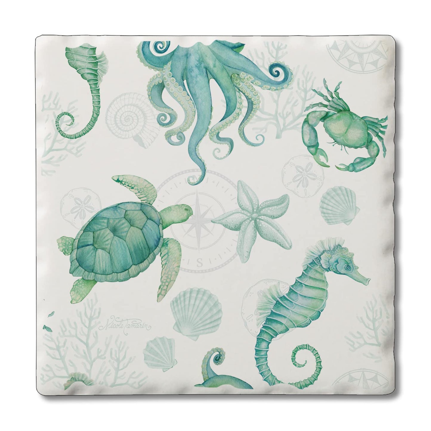 Thirstystone Beach Sealife Single Tumbled Tile Stone Coaster with Protective Cork Backing Manufactured in The USA 4" Square, Colorful, Artistic, Easily Wipes Clean