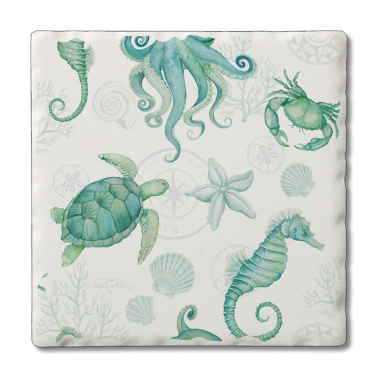 Thirstystone Beach Sealife Single Tumbled Tile Stone Coaster with Protective Cork Backing Manufactured in The USA 4" Square, Colorful, Artistic, Easily Wipes Clean