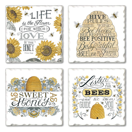 Thirstystone Sweet Honey Bees 4 Pack Assorted Tumbled Tile Stone Coasters 4" Square