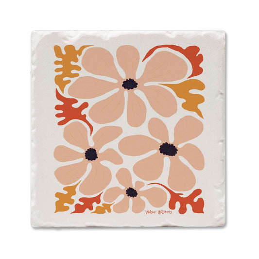 Thirstystone Peach Floral Single Tumbled Tile Stone Coaster with Protective Cork Backing Manufactured in The USA 4" Square, Colorful, Artistiic, Easily Wipes Clean