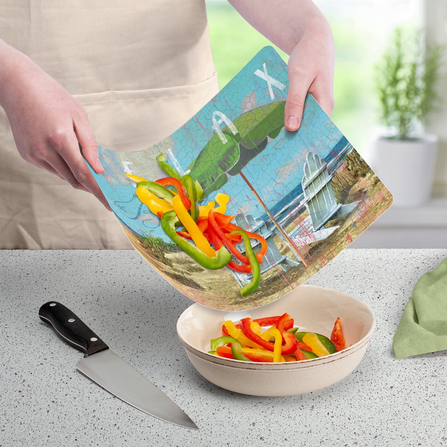 Cut N' Funnel Beach Day Designer Flexible Plastic Cutting Board Mat, 15" x 11.5", Made in the USA, Decorative, Flexible, Easy to Clean