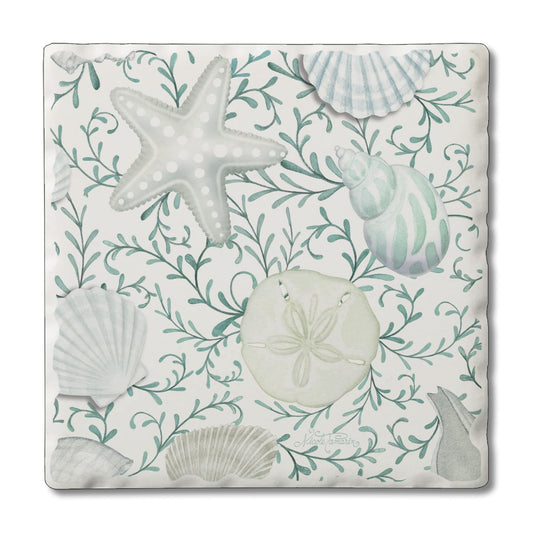 Thirstystone Beach Therapy Shells Single Tumbled Tile Stone Coaster with Protective Cork Backing Manufactured in The USA 4" Square, Colorful, Artistic, Easily Wipes Clean