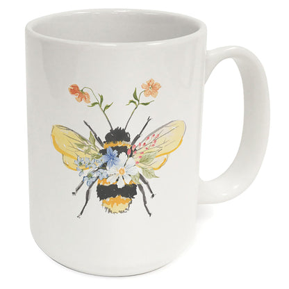Highland Home Floral Bee Large Decorative Ceramic Mug 15 oz. Manufactured in the USA