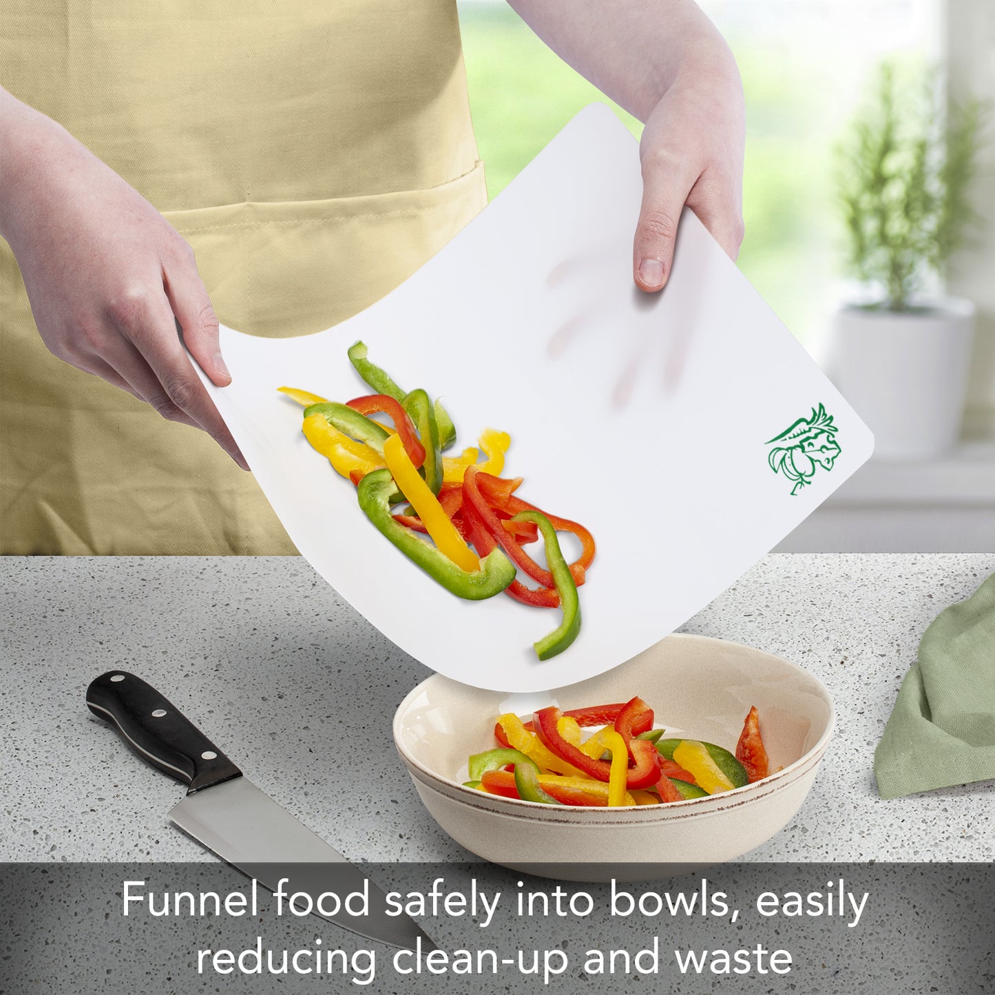 Cut N' Funnel Flexible Cutting Board Mats Set of 3, Clear Frosted with Food Icons, Made in the USA of BPA Free Food Grade Plastic, 11.5” x 15”