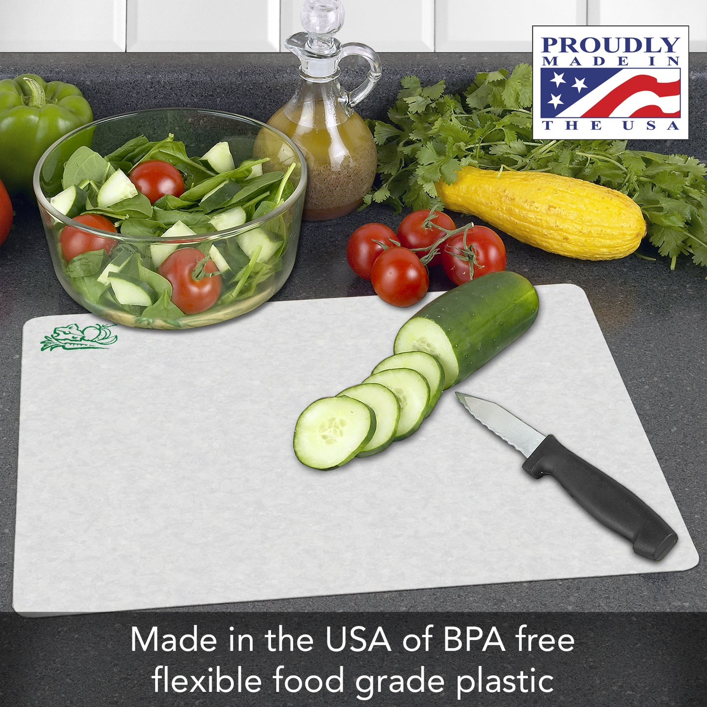 Cut N' Funnel Flexible Cutting Board Mats Set of 3, Clear Frosted with Food Icons, Made in the USA of BPA Free Food Grade Plastic, 11.5” x 15”