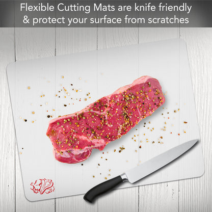 Cut N' Funnel Flexible Cutting Board Mats Set of 3, Clear Frosted with Food Icons, Made in the USA of BPA Free Food Grade Plastic, 11.5” x 15”